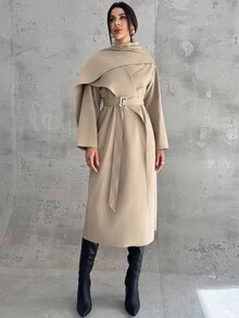 Firerie 女士时尚都市时尚新款卡其色风衣，配腰带，通勤休闲两相宜，秋冬 - 卡其色 - 查看 5