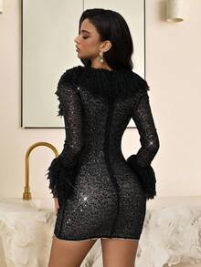 Vowa Vestido de fiesta, sexy, vanguardista, de malla, brillante, negro, de lentejuelas tejidas, con flecos largos y mangas largas, adecuado para discoteca, fiesta, playa, vacaciones y cóctel - Negro - Ver 3