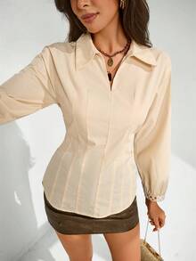 Chiquease Women's Elegant V-Neck Waist Cinched Back Tie Lantern Sleeve 3/4 Sleeve Blouse Formal Clothing - Apricot - View 2