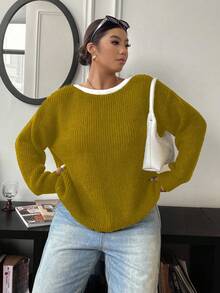 Elenzga Sweater Lengan Panjang Kerah Bulat Kasual Wanita Ukuran Besar dengan Pita, Musim Gugur/Musim Dingin - Mustard Yellow - View 5