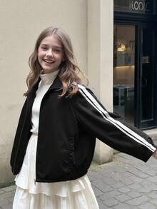 SHEIN Girls' Fashion Sweet Zip-Up Jacket With Side Ribbon, Suitable For Spring And Autumn - Black - View 3