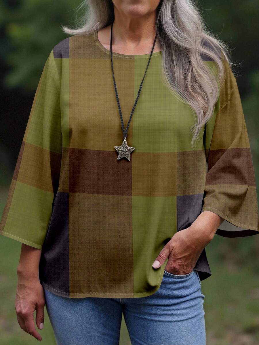 EMERY ROSE 大码女式休闲全身印花圆领宽松 3/4 袖衬衫，秋冬款 - 杏色 - 查看 1