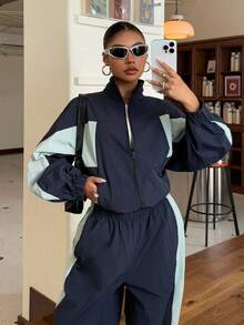 SHEIN EZwear 2件套女士撞色拼布夹克和裤子套装 - 彩色 - 查看 4