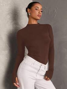 SHEIN BAE Bộ đồ liền thân dệt kim tay dài màu đen trơn thoải mái, kiểu dáng ôm sát tối giản, đa năng cho trang phục thường ngày - Cà phê nâu - Xem 3