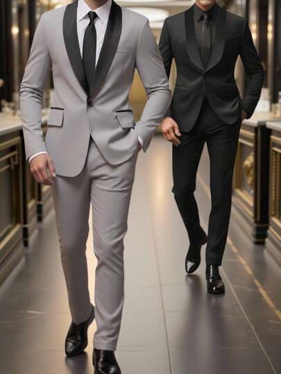SHEIN 2 件套青少年男孩绅士装 - 灰色撞色领修身单层西装外套 + 灰色纹理西裤。优雅休闲的户外正装，适合生日派对、晚会、表演、主持、婚礼季节（生日、婚礼、婚礼嘉宾、花童、戒指男孩）
