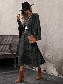 EMERY ROSE 女士休闲豹纹长袖束腰连衣裙，适合春秋季节 - 深灰色 - 查看 3