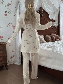 CottageSlumber Bộ đồ ngủ gồm 3 món áo hai dây dệt hoa nhỏ xinh xắn dành cho nữ, quần và áo choàng, đồ ngủ mùa đông - Nhiều màu - Xem 2