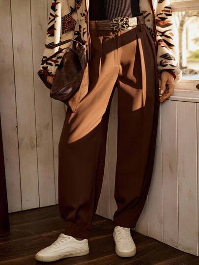 LanaWest 女士优雅高腰双纽扣装饰褶皱直筒裤，春秋季休闲西装裤