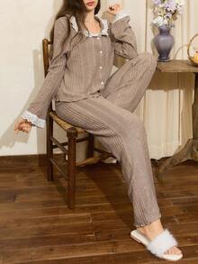 优雅浪漫蕾丝V领长袖柔软罗纹女士睡衣套装，秋冬服装 - 杏色 - 查看 6