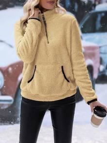 SHEIN LUNE Women's Casual Stand Collar Warm Sweatshirt, Autumn/Winter - Khaki - View 5