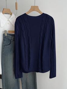 SHEIN TEENGIRL Navy Blue Crew Neck Loose Fit Cable Knit Sweater, Collegiate Style Casual Pullover Cropped Sweater Clothes Cropped Cardigan Teen Girl Tops Aesthetic Summer Clothes For Teens Sweater - Navy Blue - View 4