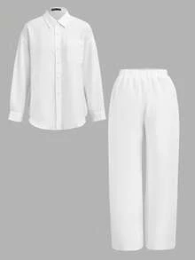 SHEIN Essnce Solid Color Shirt & Pants Two Piece Set - White - View 1