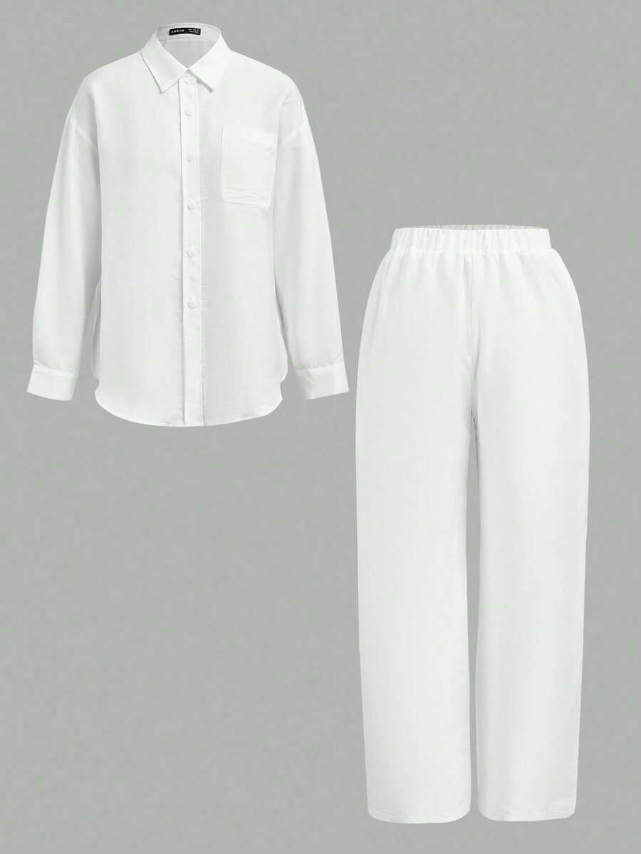 SHEIN Essnce Solid Color Shirt & Pants Two Piece Set - White - View 1