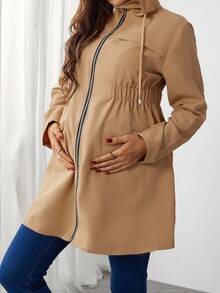 SHEIN Maternity Casual Solid Color Hooded Jacket, Spring/Autumn - Khaki - View 3