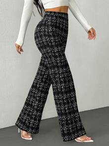 SHEIN PETITE Summer Elegant Women's Plaid Printed Elastic Knitted Pants, Suitable For Various Occasions, Suitable For Summer Vacation, Elegant Travel, And Daily Commuting, Winter Clothes For Women,Thanksgiving Outfit For Women
