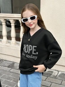 SHEIN 2pcs Tween Girls Casual Elegant V-Neck Oversized Loose Thermal Lined Long Sleeve Letter Print & Solid Color Pullover Sweatshirts, Black & Gray, Autumn/Winter - Multicolor - View 7