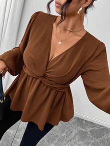 Firerie Plus Size Casual Twist Hem Long Sleeve Shirt, Green/Fall/Winter