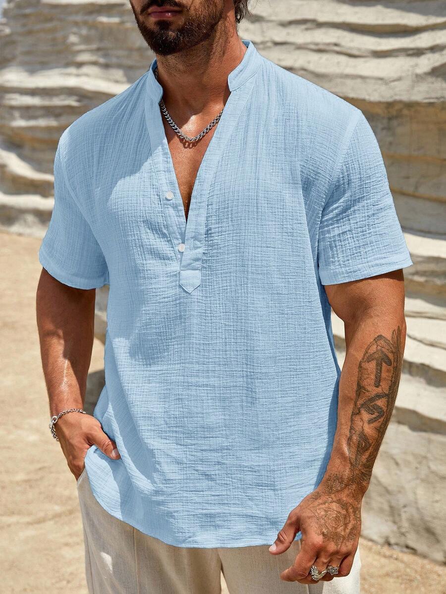 Manfinity RebelGame Men's Loose Fit Linen Shirt,Solid Color Half Button ...