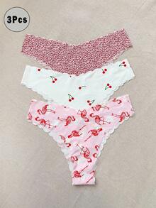 DAZY 3pcs/Set Fully Allover Print Ruffle Trim Women's Thong Panties - Apricot - View 1