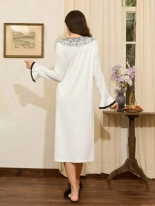Côtesoire Elegante camicia da notte da donna con colletto arricciato in pizzo francese e colore a contrasto - Bianco - Visualizzare 2