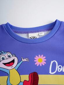 DORA | SHEIN 年轻女孩可爱卡通猴子与花朵印花圆领荷叶边长袖休闲运动户外紫色卫衣 - 紫色 - 查看 3