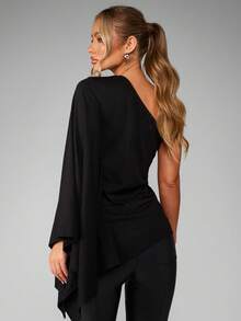 MISSGUIDED One Shoulder Asymmetrical Top With Dramatic Bell Sleeve Evening Occasion Holiday Party Elegant Design Fall Winter Collection Statement Blouse - Black - View 2