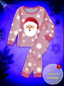 SHEIN 1 套女婴圣诞主题夜光圣诞老人和雪花印花紧身长袖上衣和裤子睡衣套装，春秋季，节日礼物 - 粉色 - 查看 6