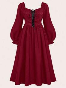 SHEIN MOOSTA 加大码女式方领交叉系带长裙超长女装 - 紅色 - 查看 3