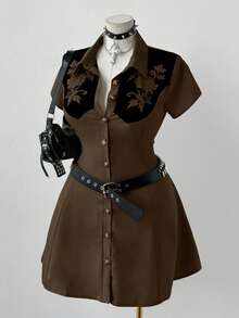 Sunspun Fashionable Collared Casual Colorblock Print Waist A-Line Dress - Brown - View 5