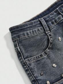 ROMWE J-Fashion Women's Super Low Waist Sexy Vintage Punk Distressed Skull Studded Decoration Denim Shorts - Royal Blue - View 3