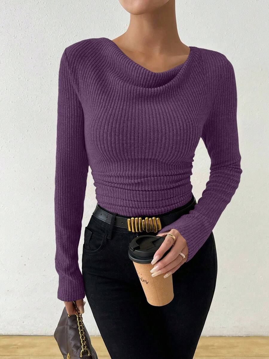 Almamuse Vintage Asymmetrical Draped Neck Textured Ruched Fitted Long Sleeve T-Shirt - Purple - View 1