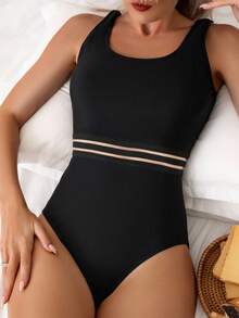 Swim SPRTY Summer Beach Contrast Mesh One Piece Swimsuit - Black - View 6