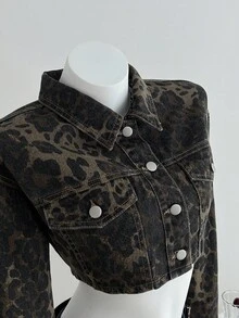 Elamini 女式豹纹长袖单排扣短款牛仔衬衫 - 黑色 - 查看 3