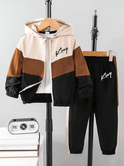 Set de 2 piezas con chaqueta con capucha con cremallera y pantalones de unicolor con estampado de letras para niño pequeño, adecuado para uso casual al aire libre en otoño/invierno