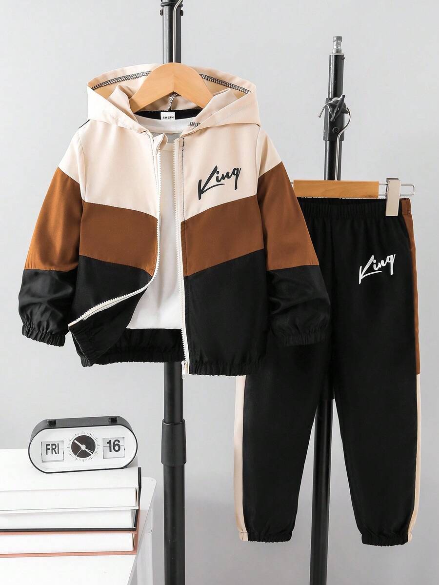 Set de 2 piezas con chaqueta con capucha con cremallera y pantalones de unicolor con estampado de letras para niño pequeño, adecuado para uso casual al aire libre en otoño/invierno - Multicolor - Ver 1