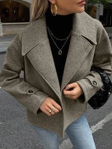 Struktiv 女款休閒時尚純色大廓形翻領落肩寬鬆大衣，秋冬款，適合嬌小女性 - 摩卡棕 - 查看 4