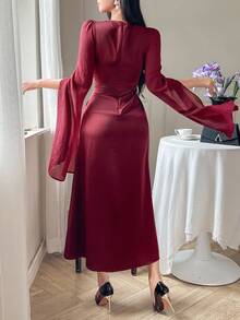 DAZY Váy nữ cổ tròn vải chắp vá tay loe thanh lịch màu đỏ, váy nữ, năm mới - Màu Đỏ Sâu - Xem 3