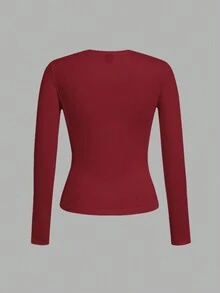 SHEIN EZwear 女士圆领休闲修身长袖T恤三件套，黑色，杏色，酒红色，秋冬 - 彩色 - 查看 4
