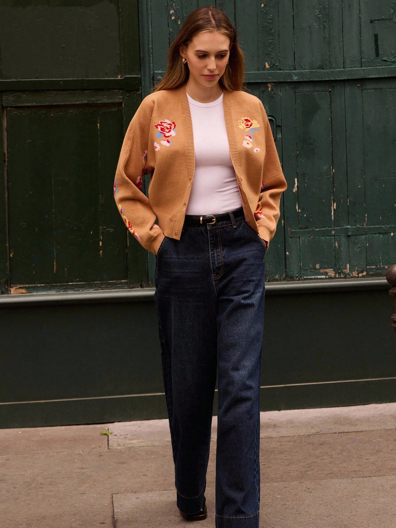 Cardigan de Tricô com Contraste e Jacquard Floral, Roupas Femininas de Outono