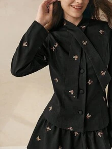 Cévolie 女装秋冬新款高端法式系带领泡泡袖衬衫高腰半身裙套装 - 黑色 - 查看 4