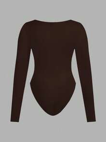 SHEIN Essnce 大码女士时尚休闲通勤商务休闲年轻商务职业内衣两件套，黑色、酒红色、锚红色多件套紧身包臀方领长袖连体衣 - 咖啡棕 - 查看 4