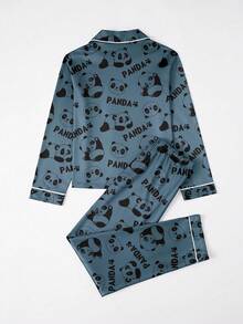 青少年男孩舒适熊猫印花纽扣前开上衣和裤子睡衣套装，秋季 - 霧霾藍 - 查看 2