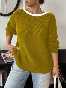 Elenzga Sweater Lengan Panjang Kerah Bulat Kasual Wanita Ukuran Besar dengan Pita, Musim Gugur/Musim Dingin - Mustard Yellow - View 4