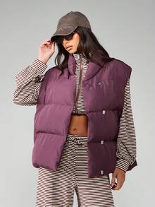 MISSGUIDED 宽松版型冬季羽绒背心女式无袖绗缝外套加厚高领时尚秋季休闲纽扣前开襟时尚保暖户外层 - 淺灰紫 - 查看 1