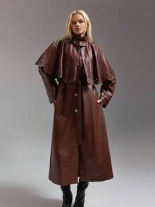 SHEIN ICON Women's Solid Color Single-Breasted Long Sleeve PU Leather Loose Long Jacket, Autumn Rust Brown Coat