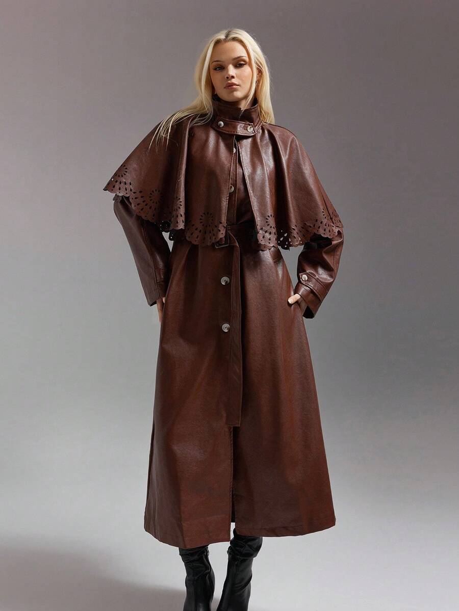 SHEIN ICON Women's Solid Color Single-Breasted Long Sleeve PU Leather Loose Long Jacket, Autumn Rust Brown Coat