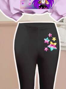 SHEIN Leap Crew 少女淡紫色K-POP卡通女孩肖像套装，休闲简约加厚柔软舒适宽松圆领长袖连帽衫和喇叭裤两件套，适合秋季穿着 - 彩色 - 查看 4