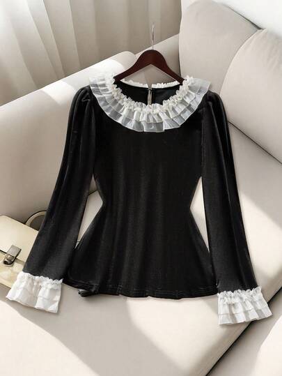 GlowEve CURVE 大码女式 H 型圆领撞色荷叶边纽扣天鹅绒优雅浪漫衬衫