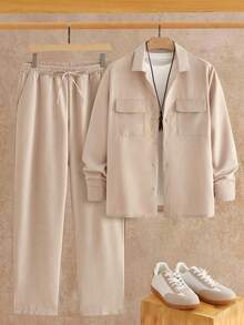 HIMLAND Set de 2 piezas de camisa y pantalón casual de bolsillo de unicolor de franela y lino para hombre, ropa de otoño