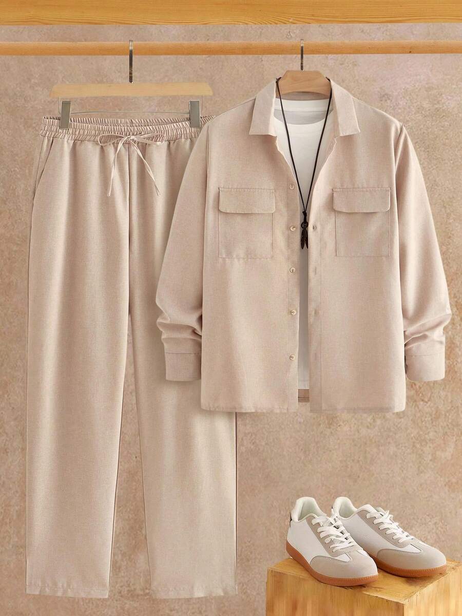 HIMLAND Set de 2 piezas de camisa y pantalón casual de bolsillo de unicolor de franela y lino para hombre, ropa de otoño